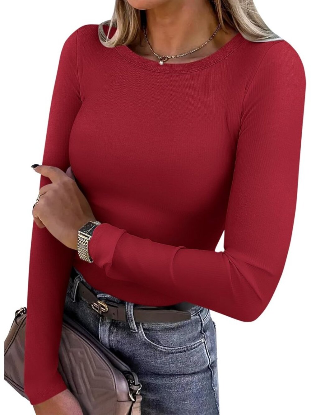 Women's Red Long Sleeve Crew Neck Slim Fit Casual Imported Top T Shirt
